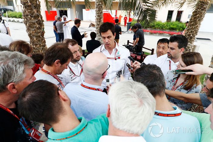 Toto Wolff, Executive Director, Mercedes AMG, speaks to the media