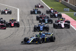 Lando Norris, Carlin, leads Sergio Sette Camara, Carlin and the rest of the field at the start of the race