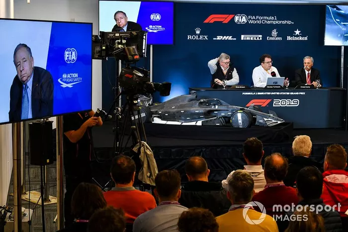 Jean Todt, Presidente FIA, Ross Brawn, Managing Director del Motorsport, FOM, Nikolas Tombazis e Chase Carey, Presidente, Formula 1,  annunciano il regolamento tecnico 2021 della Formula 1, durante la conferenza stampa di presentazione