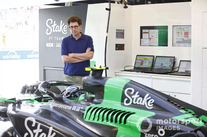 Mattia Binotto, CEO et CTO, Stake F1 Team KICK Sauber, Zhou Guanyu, Stake F1 Team KICK Sauber C44, dans le garage