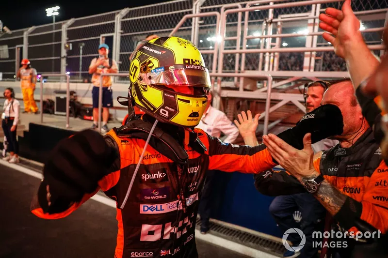 Lando Norris, McLaren, 3a posizione, arriva in Parco Chiuso