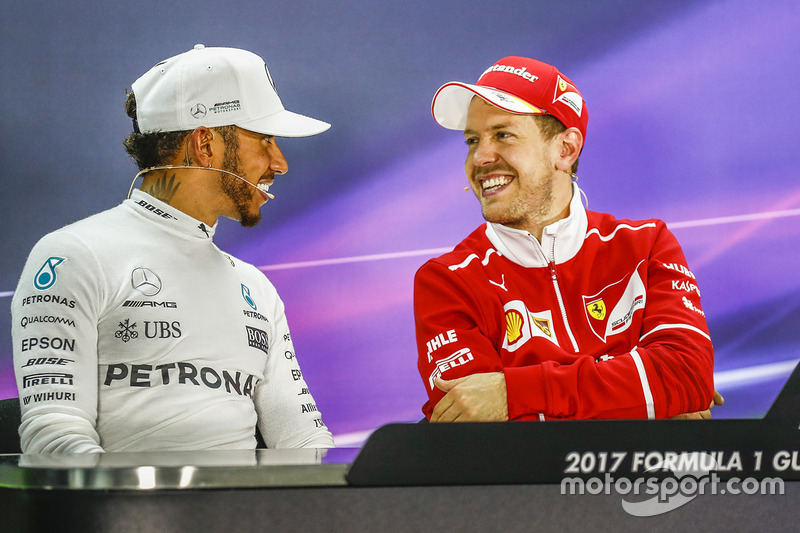 Post-race press conference: race winner Sebastian Vettel, Ferrari, second place Lewis Hamilton, Merc