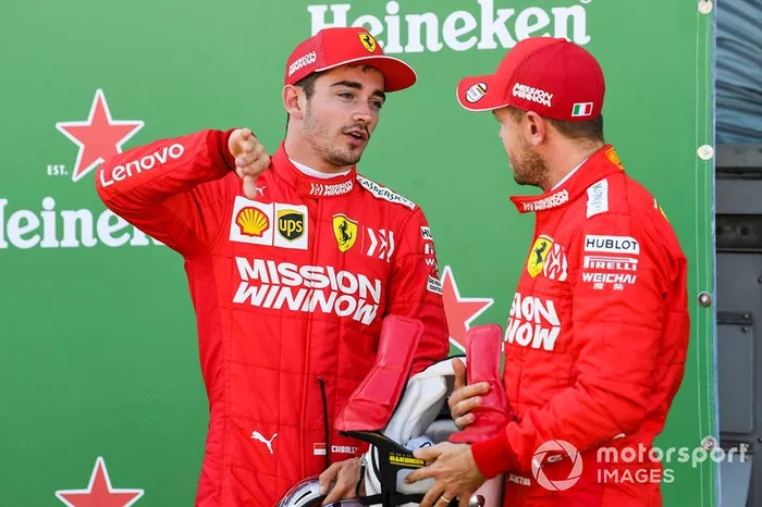 Front row starters Charles Leclerc, Ferrari, and pole man Sebastian Vettel, Ferrari, after Qualifying