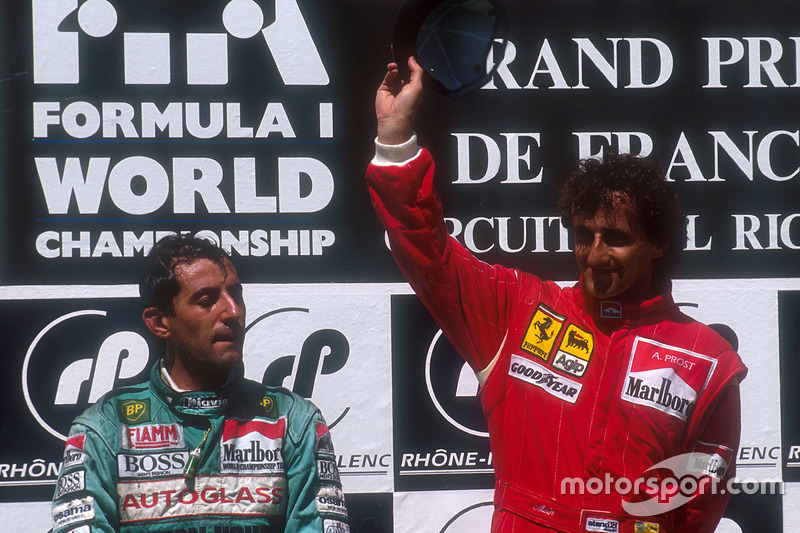 Podium: race winner Alain Prost, Ferrari, second place Ivan Capelli, Leyton House