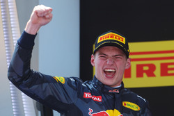 Il vincitore Max Verstappen, Red Bull Racing festaggia sul podio