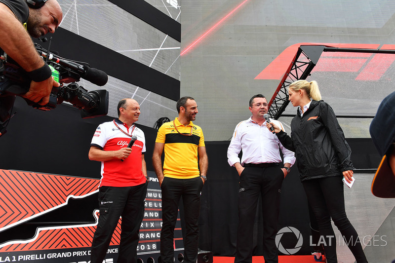 Frederic Vasseur, Sauber, Team Principal, Cyril Abiteboul, Renault Sport F1 y Eric Boullier, McLaren Racing Director