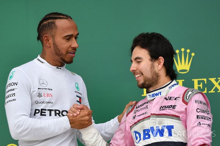 Podio: ganador, Lewis Hamilton, Mercedes-AMG F1, Ferrari, tercero, Sergio Perez, Force India
