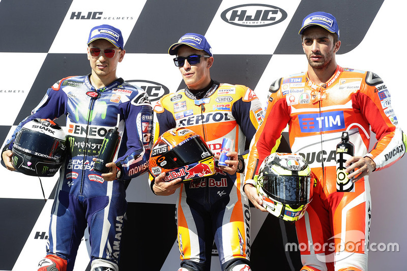 Polesitter Marc Marquez, Repsol Honda Team; 2. Jorge Lorenzo, Yamaha Factory Racing; 3. Andrea Ianno