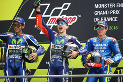Podium: winner Jorge Lorenzo, Yamaha Factory Racing, second place Valentino Rossi, Yamaha Factory Racing, third place Maverick Viñales, Team Suzuki MotoGP