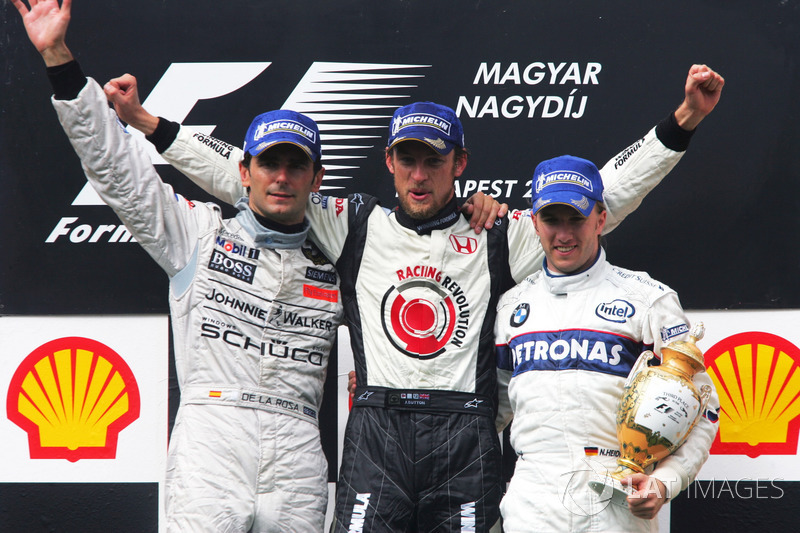 GP de Hungría de 2006, de izquierda a derecha: Pedro de la Rosa, segundo, Jenson Button, ganador, y Nick Heidfeld, tercero.