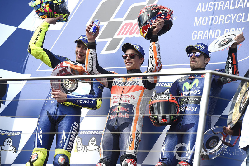 Podium: race winner Marc Marquez, Repsol Honda Team, second place Valentin Rossi, Yamah Factory Raci