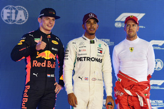 (L to R): Max Verstappen, Red Bull Racing, Lewis Hamilton, Mercedes AMG F1 and Sebastian Vettel, Ferrari celebrate in parc ferme