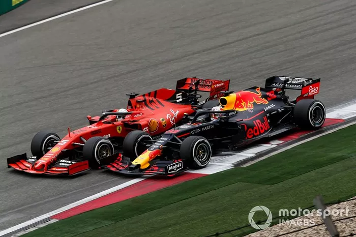 Sebastian Vettel, Ferrari SF90 and Max Verstappen, Red Bull Racing RB15 battle 