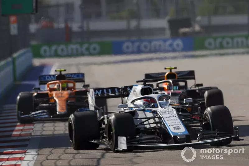 George Russell, Williams FW43, Alex Albon, Red Bull Racing RB16, Lando Norris, McLaren MCL35