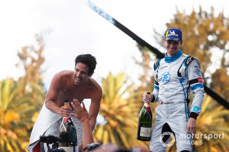 Race winner Lucas Di Grassi, Audi Sport ABT Schaeffler celebrates on the podium with Edoardo Mortara Venturi Formula E 3rd position