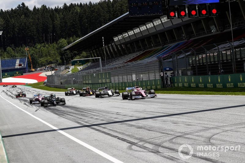 Sergio Pérez, Racing Point RP20, Lewis Hamilton, Mercedes F1 W11, Pierre Gasly, AlphaTauri AT01, Lance Stroll, Racing Point RP20 practican la parrilla de salida