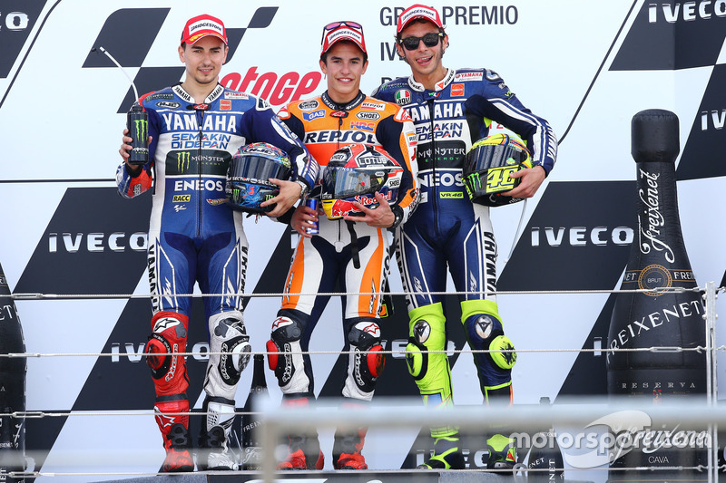 Podio: 1º Marc Márquez, 2º Jorge Lorenzo, 3º Valentino Rossi