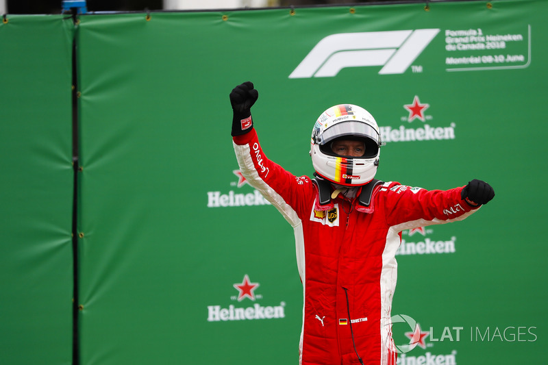 Sebastian Vettel, Ferrari, celebrates victory in parc ferme