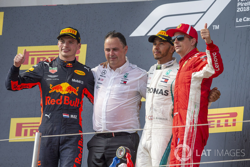 Max Verstappen, Red Bull Racing, Ron Meadows, Mercedes AMG F1 Team Manager, Lewis Hamilton, Mercedes-AMG F1 y Kimi Raikkonen, Ferrari en el podio del GP de Francia