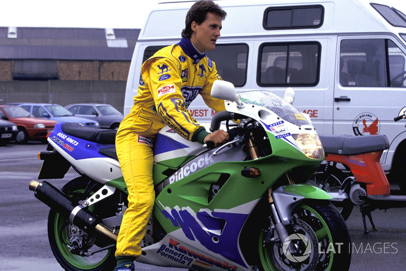 Michael Schumacher, Benetton, on his Kawasaki ZXR400 motorbike