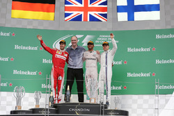 The podium (L to R): Sebastian Vettel, Ferrari, second; Lewis Hamilton, Mercedes AMG F1, race winner; Valtteri Bottas, Williams, third