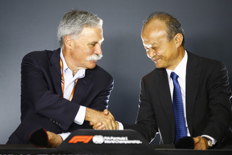 Chase Carey, Chairman, Formula One, and Susumu Yamashita, President at MobilityLand Corp, announce Hondas sponsorship of the Japanese Grand Prix
