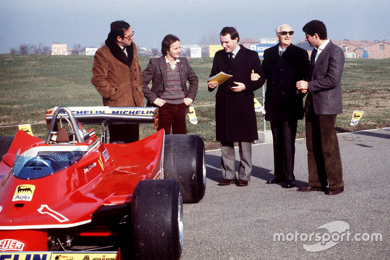 Maranello 1980, Mauro Forghieri, Gilles Villeneuve, Marco Piccinini, Jody Scheckter per la presentazione della Ferrari T5