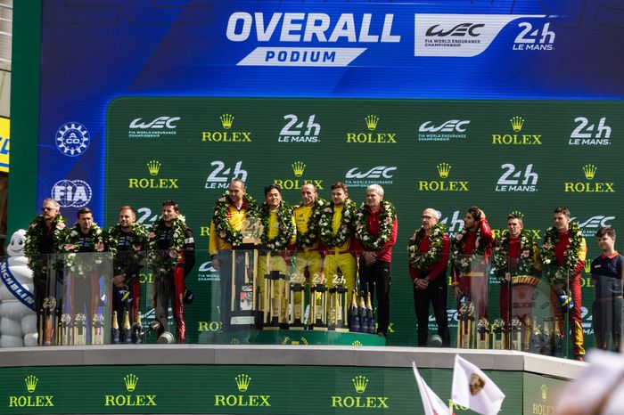 Podium: Race winner #83 AF Corse Ferrari 499P: Robert Kubica, Yifei Ye, Philip Hanson, second place #6 Porsche Penske Motorsport Porsche 963: Kevin Estre, Laurens Vanthoor, Matt Campbell, third place #51 Ferrari AF Corse Ferrari 499P: Alessandro Pier Gui