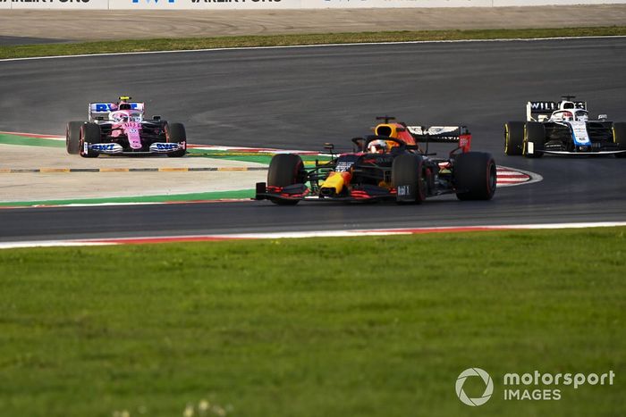 Max Verstappen, Red Bull Racing RB16, George Russell, Williams FW43, and Lance Stroll, Racing Point RP20