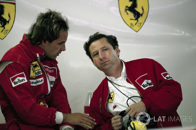 Gerhard Berger, Ferrari and Jean Todt in the Ferrari garage