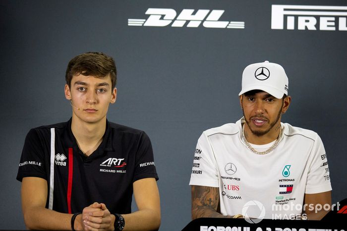 Esteban Ocon, Racing Point Force India y Lewis Hamilton, Mercedes AMG F1 en la conferencia de prensa