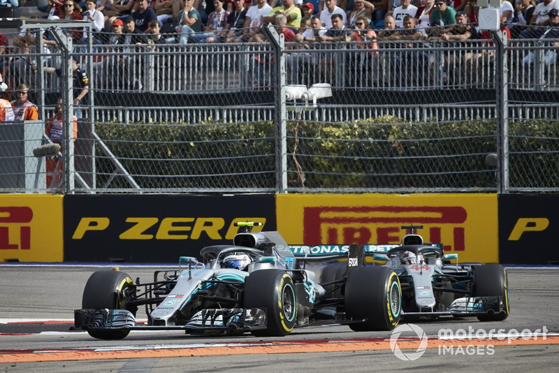 Valtteri Bottas, Mercedes AMG F1, leads Lewis Hamilton, Mercedes AMG F1 