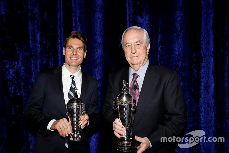 Will Power and Roger Penske with their ‘Baby Borgs', commemorating their triumph in the 102nd running of the Indianapolis 500.