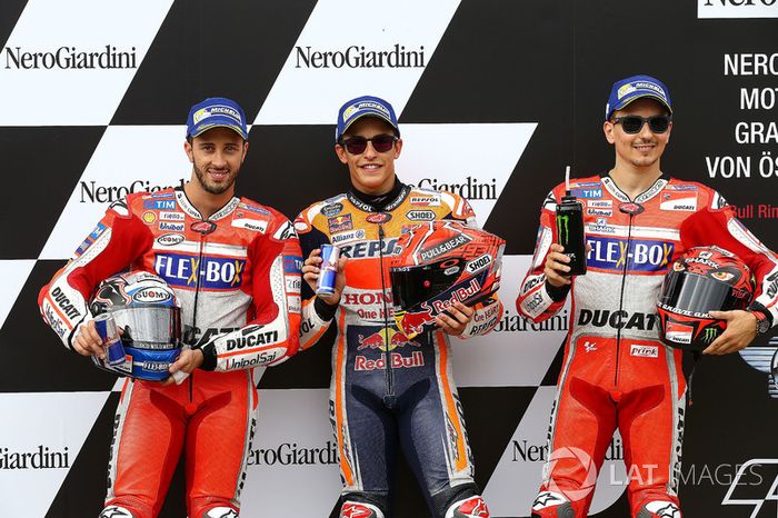 Ganador de la pole Marc Márquez, Repsol Honda Team, segundo Andrea Dovizioso, Ducati Team y tercero Jorge Lorenzo, Ducati Team