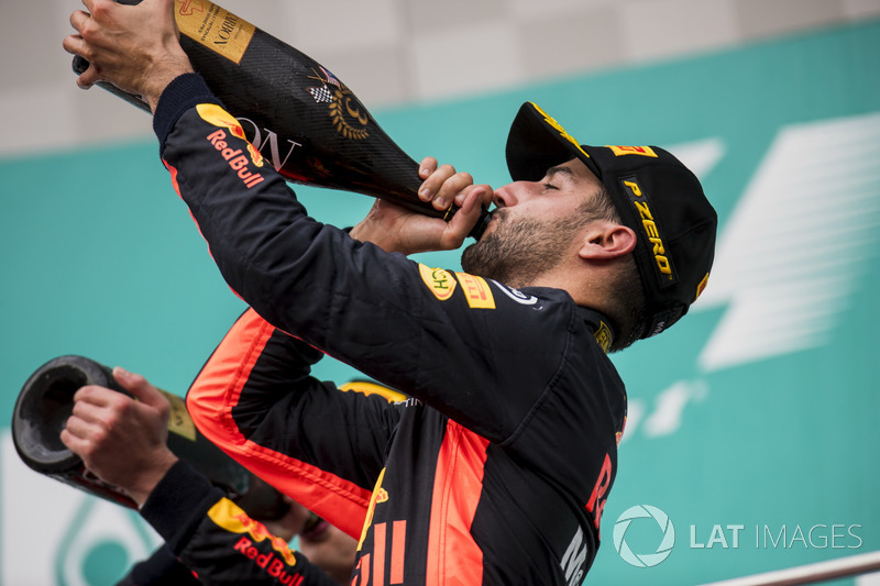 third place Daniel Ricciardo, Red Bull Racing, celebrates, Champagne on the podium