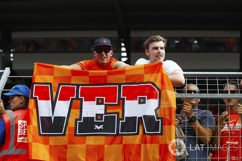 Dutch Max Verstappen, Red Bull Racing, fans display a flag