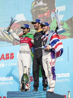 Jean-Eric Vergne, Techeetah, celebrates on the podium with Lucas di Grassi, Audi Sport ABT Schaeffle