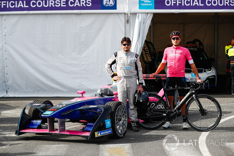 Cyclist Gianni Moscon, Racing driver, Giancarlo Fisichella, with the Formula E track car