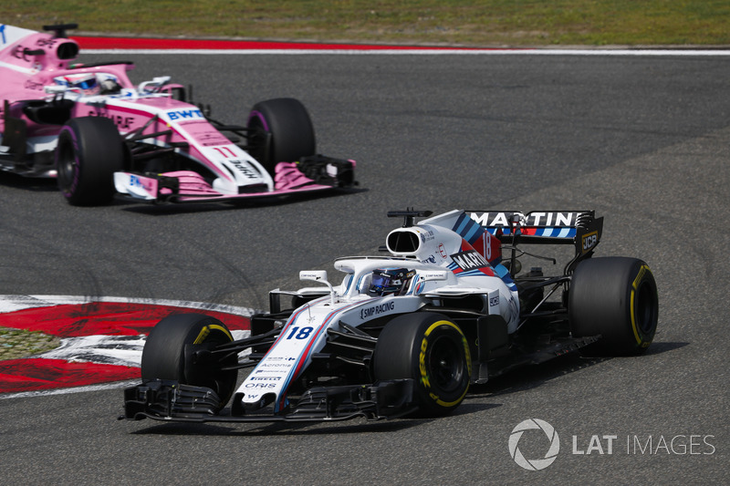 Lance Stroll, Williams FW41 Mercedes, leads Sergio Perez, Force India VJM11 Mercedes
