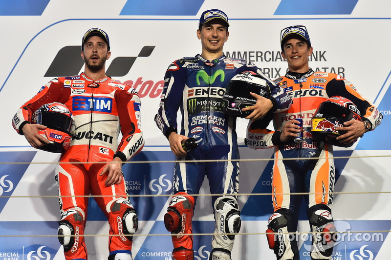 Podio: 1º Jorge Lorenzo, 2º Andrea Dovizioso, 3º Marc Marquez