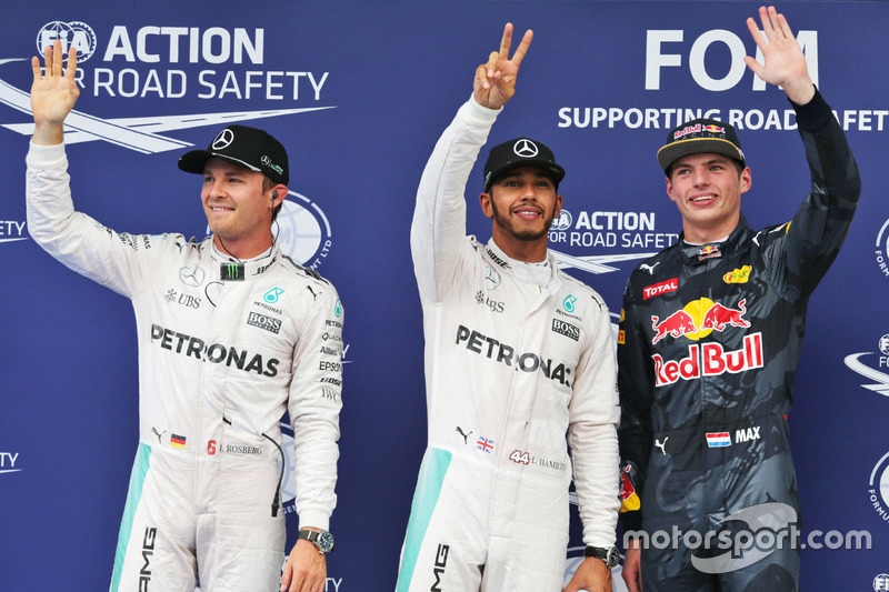 Polesitter Lewis Hamilton, Mercedes AMG F1 Team, second place Nico Rosberg, Mercedes AMG F1 Team, third place Max Verstappen, Red Bull Racing