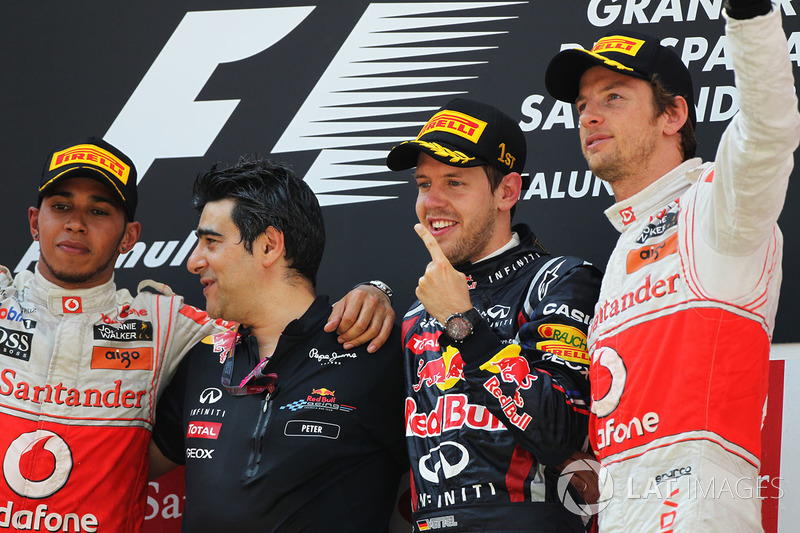 Podium: race winner Sebastian Vettel, Red Bull Racing, second place Lewis Hamilton, McLaren, third place Jenson Button, McLaren, Peter Prodromou, Red Bull Racing Head of Aerodynamics