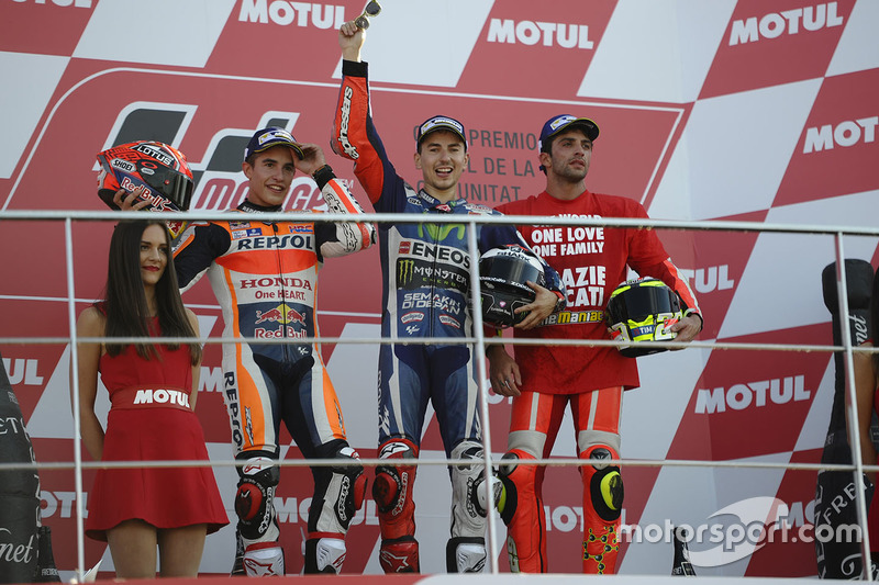 2016: 1. Jorge Lorenzo, 2. Marc Marquez, 3. Andrea Iannone