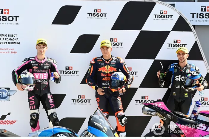 Tony Arbolino, Snipers Team, Pole winner Raul Fernandez, Red Bull KTM Ajo, Andrea Migno, Sky Racing Team VR46
