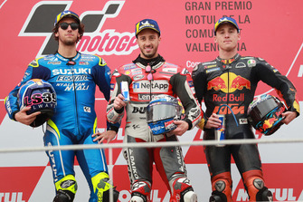 Podium : le vainqueur Andrea Dovizioso, Ducati Team, le deuxième, Alex Rins, Team Suzuki MotoGP, le troisième, Pol Espargaro, Red Bull KTM Factory Racing