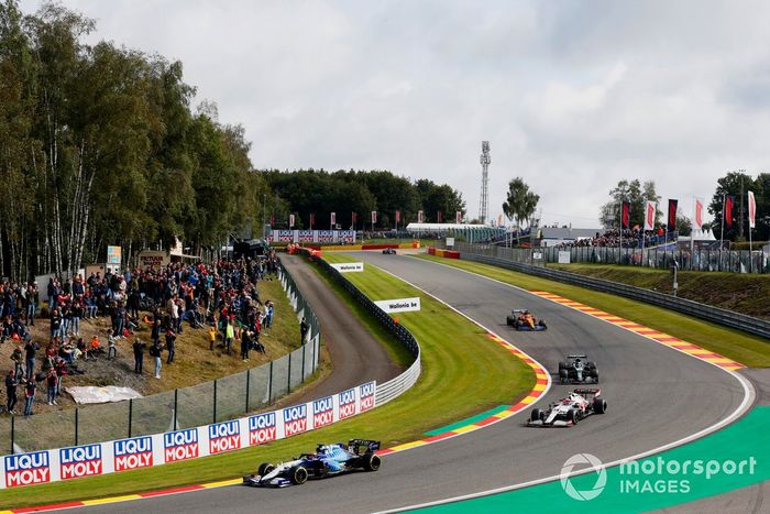 George Russell, Williams FW43B, Antonio Giovinazzi, Alfa Romeo Racing C41, Lance Stroll, Aston Martin AMR21, and Daniel Ricciardo, McLaren MCL35M