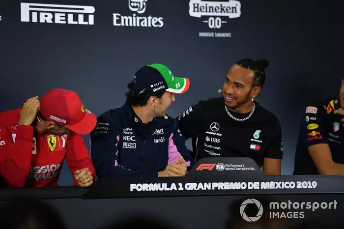 Sebastian Vettel, Ferrari, Sergio Perez, Racing Point and Lewis Hamilton, Mercedes AMG F1 in the Press Conference 