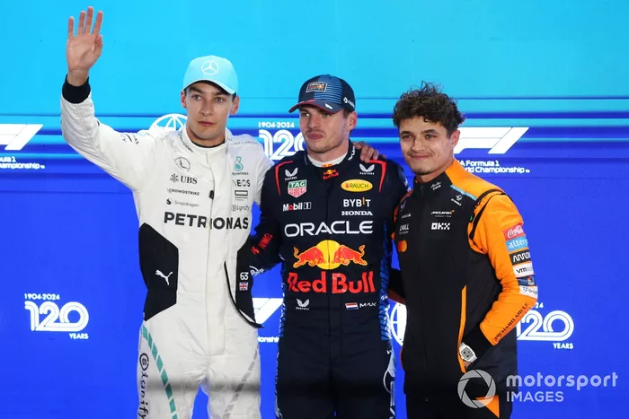 Pole man Max Verstappen, Red Bull Racing, George Russell, Mercedes-AMG F1 Team, Lando Norris, McLaren F1 Team, pose for pictures in Parc Ferme 