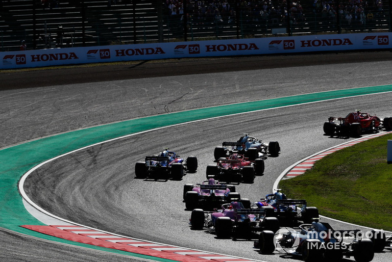 Кімі Райкконен, Ferrari SF71H, Ромен Грожан, Haas F1 VF-18, Себастьян Феттель, Ferrari SF71H, Брендон Хартлі, Toro Rosso STR13 і Серхіо Перес, Racing Point Force India VJM11, П'єр Гаслі, Scuderia Toro Rosso STR13 та Естабан Окон, Racing Point Force India VJM11