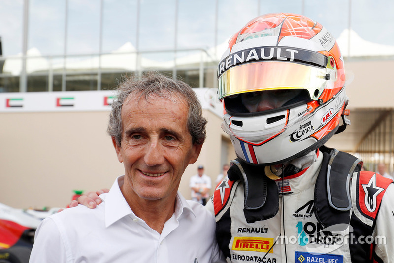 Anthoine Hubert, ART Grand Prix, celebrates with Alain Prost after winning the championship